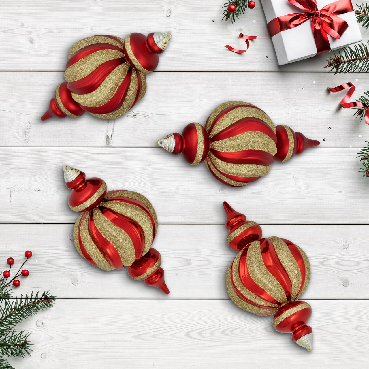 Northlight Shatterproof Commercial Size Finial Christmas Ornaments - 10" - Red and Gold - Set of 4